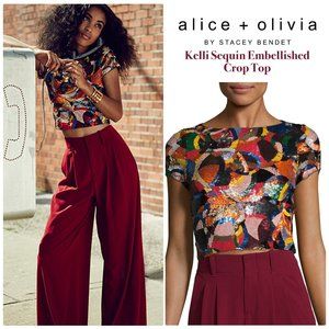 Alice + Olivia Kelli Sequin Embellished Crop Top